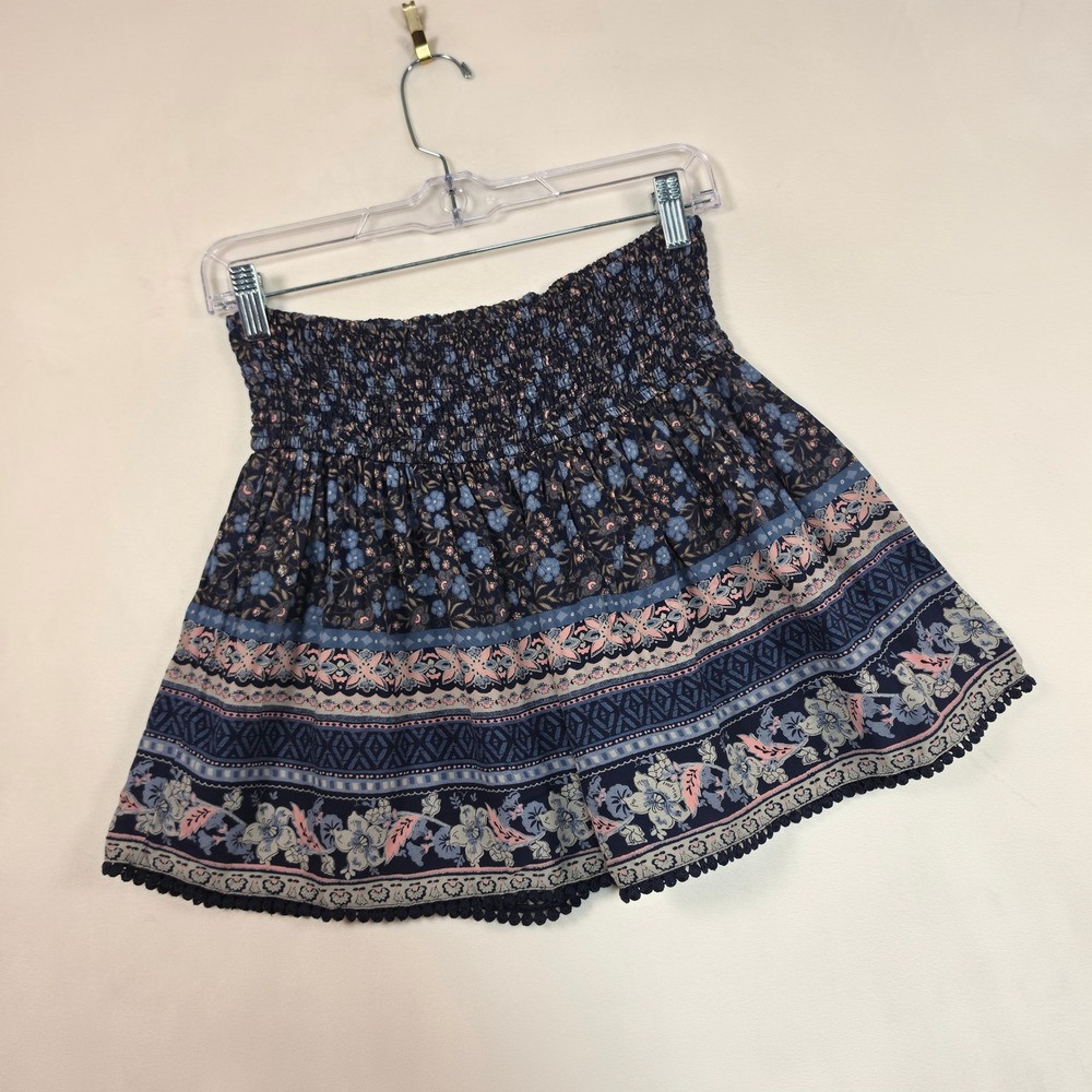 Hollister Skirt Women S Blue Floral Boho Cottage Festival Smocked Mini - Picture 9 of 12